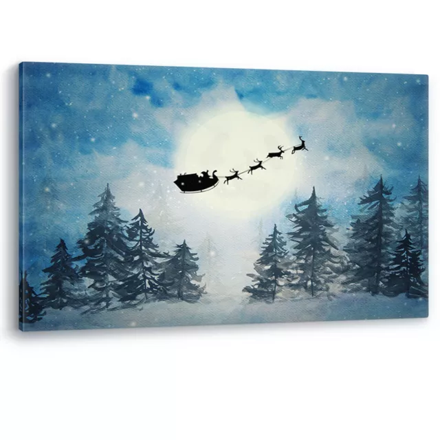 Santa Claus Reindeer Snow Watercolour Painting Canvas Wall Art Picture Print