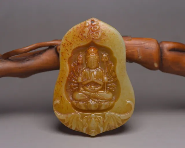 Chinese Old Natural Hetian Jade Carved Kwan Yin Statue Lucky Pendant Jewelry Art