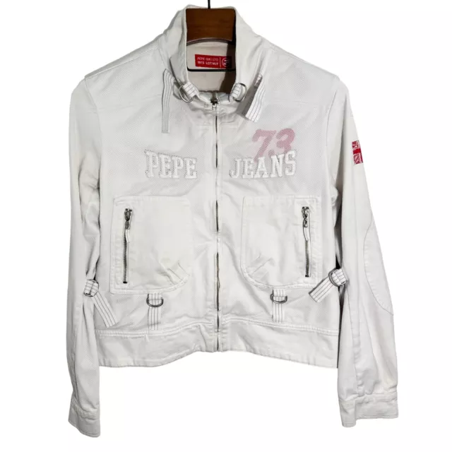 Vintage Pepe UK Ltd Jeans London 1973 White Moto Style Jacket Zip Embroidered XL