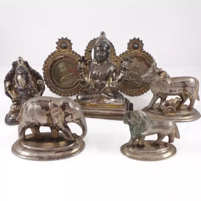 Vintage Antique Sterling Silver Set of 6 Hindu Ganesh Lakshmi Gods Statues FZ