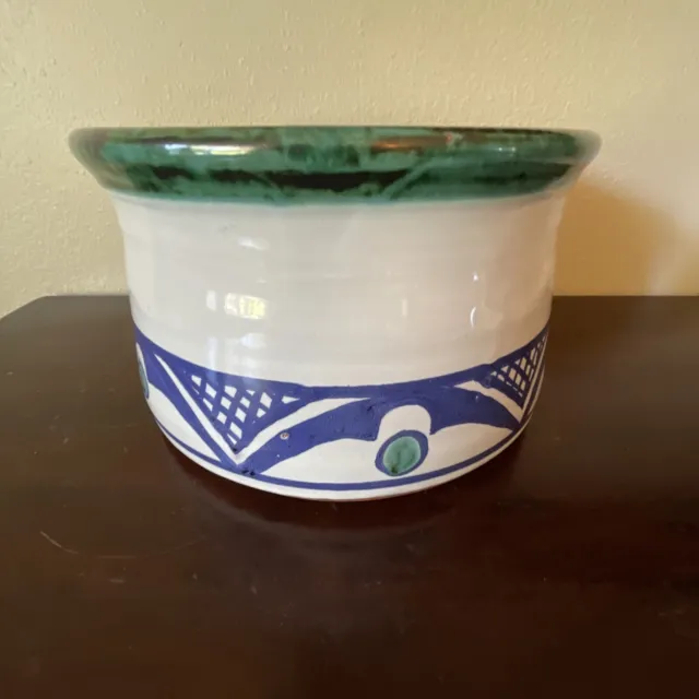 Damariscotta Studio Art Pottery Painted Maine Majolica 8" Pot Bowl Floral Blue 3