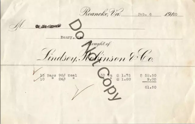 Antique 1920 Lindsey Robinson Co Meal Bushel Receipt Billhead ROANOKE VA  AS95