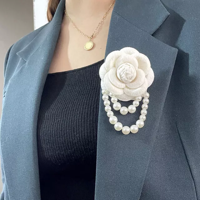Vintage Camellia Flower Brooch Lapel Pin Pearl Tassel Corsage Women Jewelry Gift