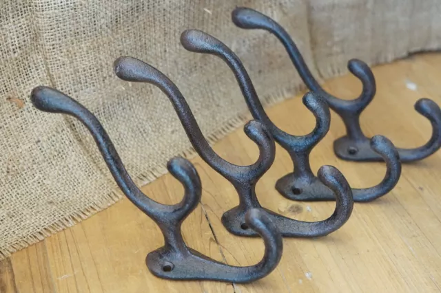 4 Cast Iron TRIPLE SCHOOL Style Coat Hooks Hat Hook Rack Hall Tree Tack Rustic