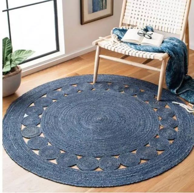 Round Jute Rug in Various Sizes Handmade Area Floor Jute Carpet / Mat- Blue