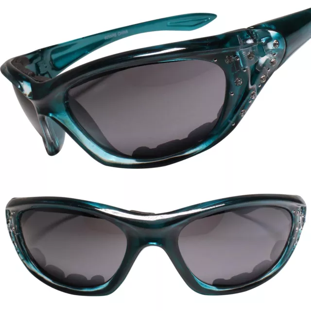 Fashion Rhinestone Motorcycle Foam Back Padded Womens Biker Blue Sunglasses