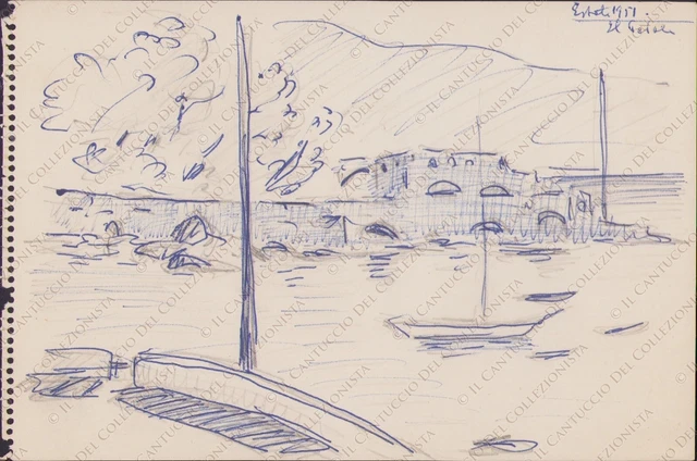 1951 Disegno Estate veduta sul mare Penna inchiostro