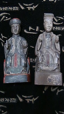Antique 18C Chinese Wood Hand Carved Emperor And Empress Statues