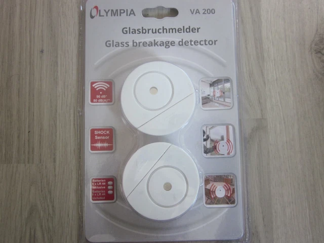 Detector de rotura de vidrio Olympia VA 200 con alarma 85 dB 2 unidades detector de alarma ventana