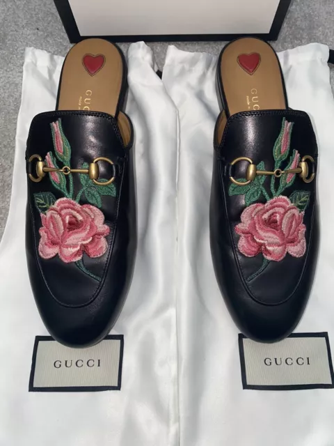 Gucci Black  Princetown Floral Embroidered Leather Mules Loafers Flats 38/ UK 5