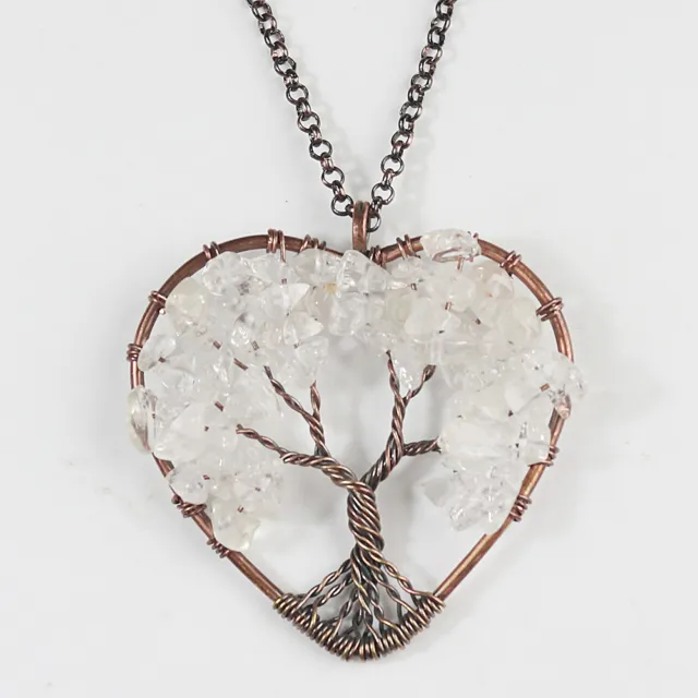 Natural Amethyst Peridot Rose Quartz Tree of Life Chakra Heart Pendant Necklace