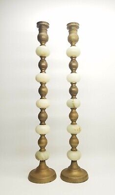 Brass & Marble Altar Heavy Candlesticks Candle Holder Pair 36.5"