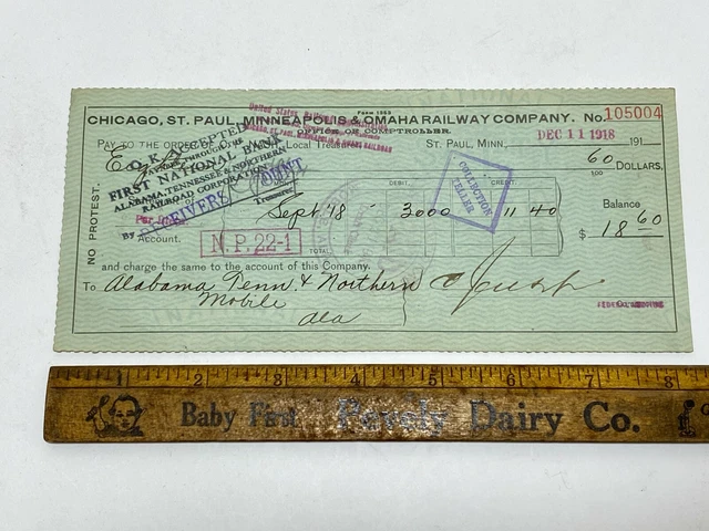 1918 check USRA / Chicago St Paul Minneapolis & Omaha Railway Co -AT&N Mobile AL