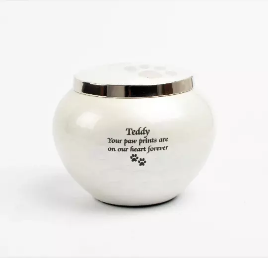 Small Cremation Ashes Urn Pet Cat Dog White Two Paws Memorial Personalised Urn