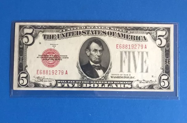 1928 B $5 FIVE DOLLAR UNITED STATES  BANKNOTE  RED SEAL  AU+ ON SALE!!  (c366)