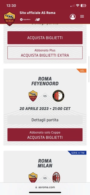 Roma feyenoord CURVA SUD LATERALE 2 biglietti CONTATTARE 3342085208 e 2 distinti