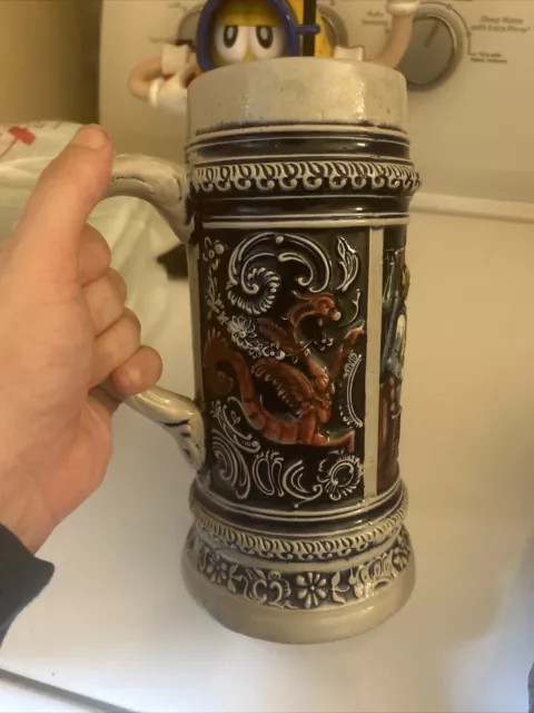 Old Gerz West Germany Large Stein Raised Tavern Scene with Winged Dragons 9"Tall