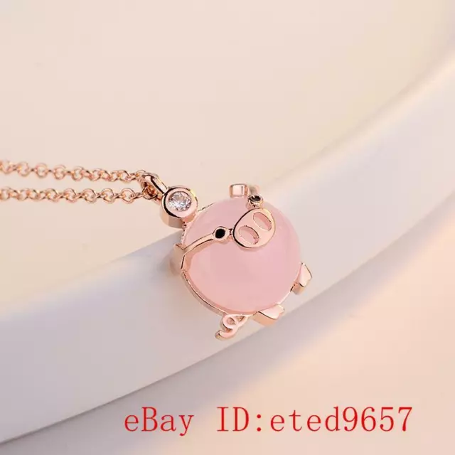 Pink Jade Pig Pendant Jewelry 925 Silver Chalcedony Women Necklace Natural