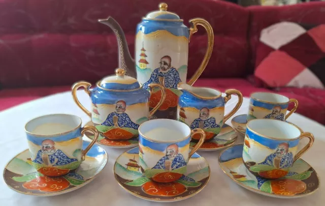 Mikori Japanese Porcelain Tea Set Hand Painted .Set for 4 .Rare Buddha Design.