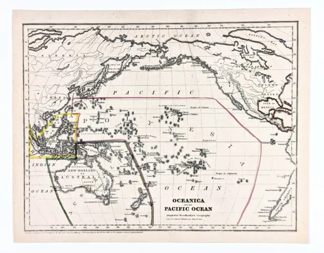 1843 Oceanica Pacific Ocean Islands Map ORIGINAL United States Australia Hawaii