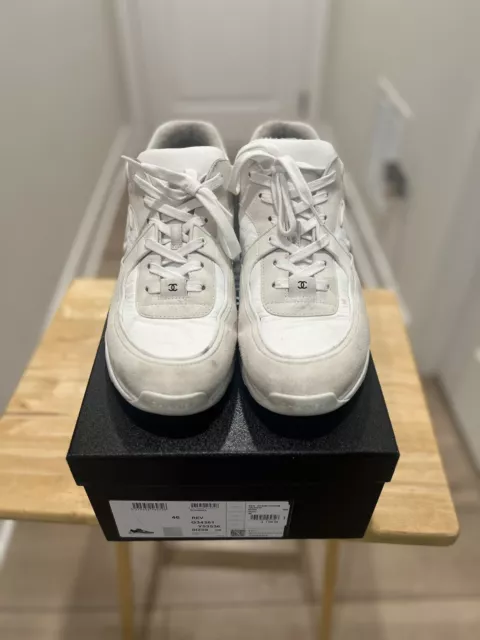SIZE 13 (46) - Chanel REV Mens White Suede Leather CC Logo Low