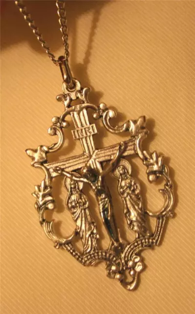 Gorgeous Large Openwork Mary & Peter at the Foot of the Cross Pendant Necklace