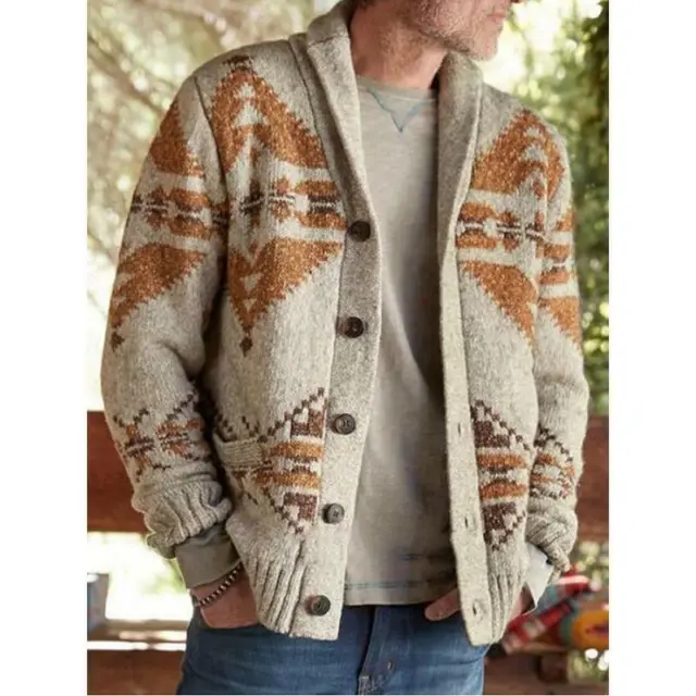 Mens Jacquard Sweater Knitted Long Sleeve Coat Knitwear Outwear Hooded Tops New