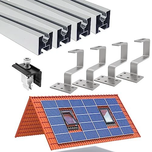 TEOV Dakhouder voor zonnepanelen, PV, montageset, baksteendak met 1500 mm montagerail en dakhaken, bevestiging zonnepaneelhouder met eindklem en middenklem 30 mm, voor 2 zonnepanelen