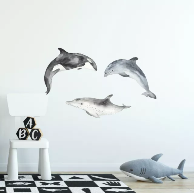 Gray Marine Life Set #2 Wall Decal Ocean Dolphin Killer Orca Whale Wall Sticker