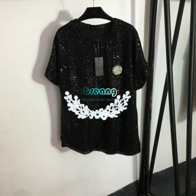 Fashion Diamond Beaded Letter Full Body Sequin Embroidery Short Sleeve T-shirt