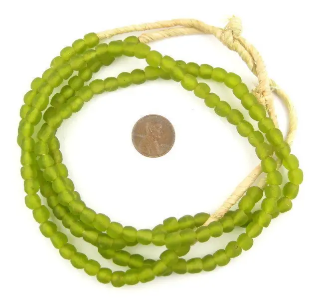 Lime Green Recycled Glass Beads 7mm Ghana African Sea Glass Round 24 Inch Strand