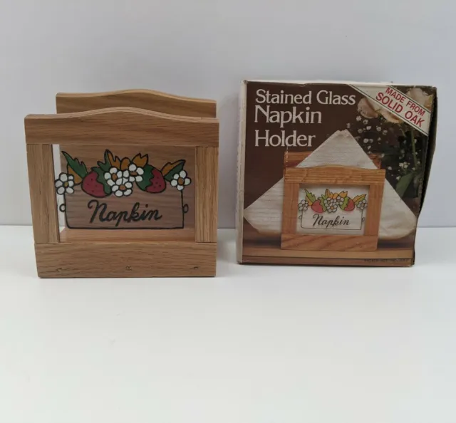 Wood Napkin Holder with Stained Glass Solid Oak Strawberries Flowers