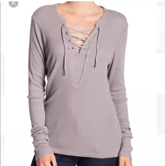 Michael Stars Women's Long Sleeve Split Neck Lace-Up Thermal Top Gray OS $108