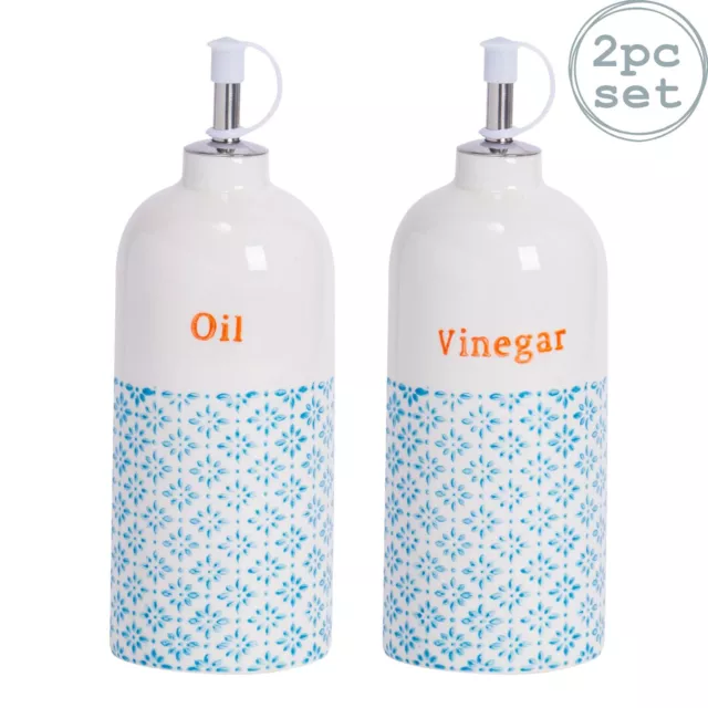 Vinegar & Olive Oil Dispenser Pourer Porcelain Drizzler Bottle Set, Blue/Orange