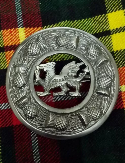 Celtic Welsh Dragon Kilt Fly Plaid Brooch Silver Antique Finish 3"/Scottish Pin