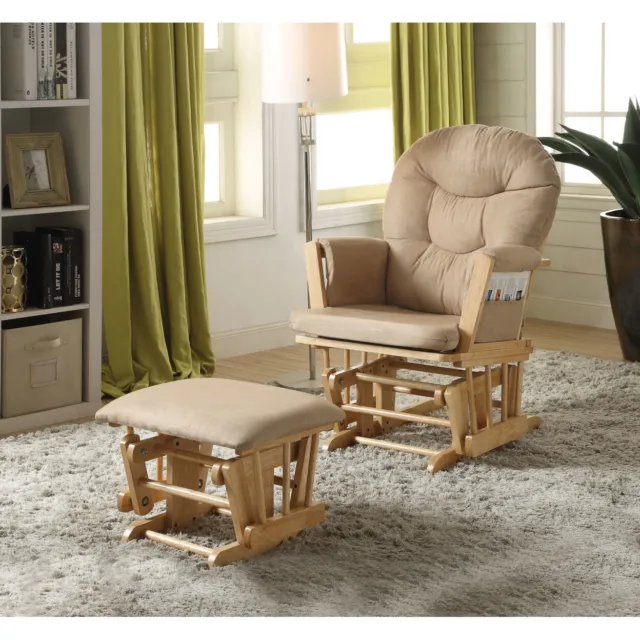 Rehan Glider Chair And Ottoman, 2 Piece Pack Brown And Natural Oak- Saltoro