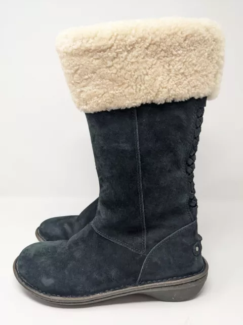 UGG Karyn Tall Winter Boots Womens Black Leather Sheepskin Cuff Pull On Size 6