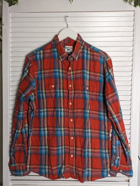 Old Navy Men's Flannel Shirt Size L Red Blue Check Plaid Long Sleeve Cotton