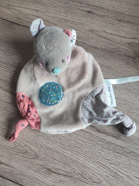 Doudou plat Souris beige rose vert rond Moulin Roty Les Jolis Trop Beaux tbe