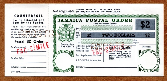 Jamaica Postal Order -  2 Dollars - Specimen - With Counterfoil - From Tdlr