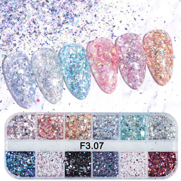 12 Color Holographic Nail Sequins Glitter Flakes Sparkle Confetti Art Decal HOT