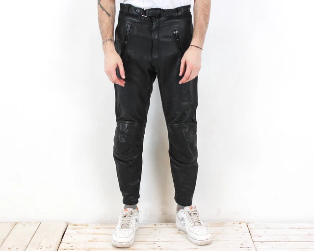 Pantaloni IN Pelle Uomo W32 L30 Dritto Motociclista Nero Rocker Vintage