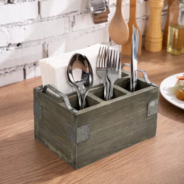 Vintage Gray Wood Utensil and Napkin Holder Serving Caddy with Handles