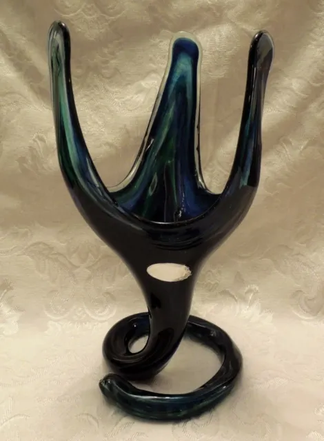 Murano style Hand Blown Art Glass Vase Trumpet Flower blue/green 12 " tall