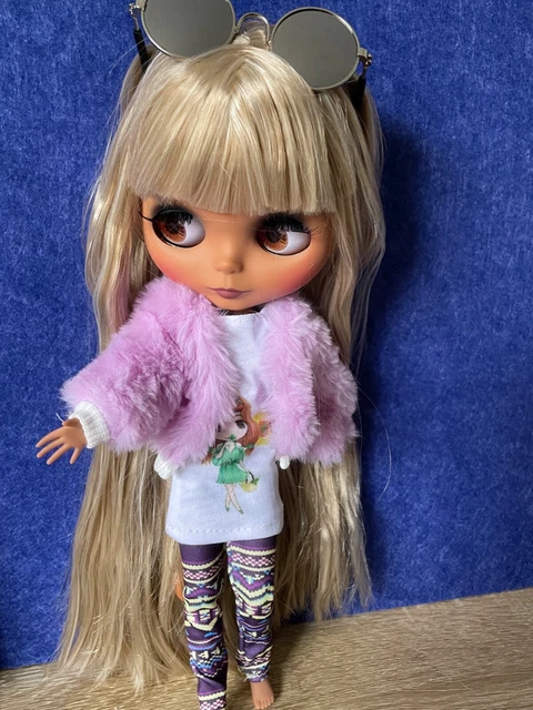 Barbie / Blythe Doll clothes - Purple fur jacket, Leggings T Shirt