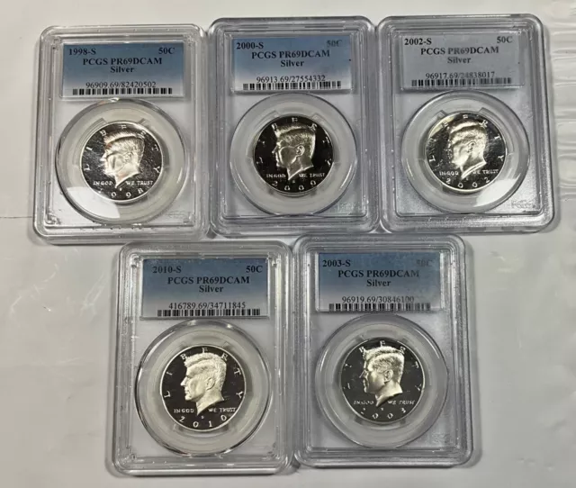 Pcgs Pr69Dcam Silver Kennedy Half Dollar Lot 5 Coins 1998 2000 2002 2003 2010 S