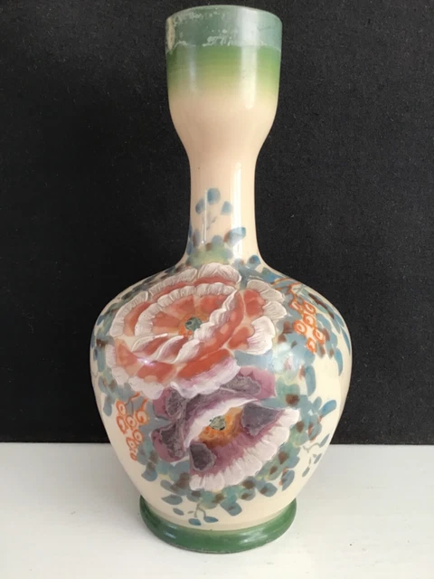 Large Victorian Opaline Hand-painted Floral Milk Glass Vase
