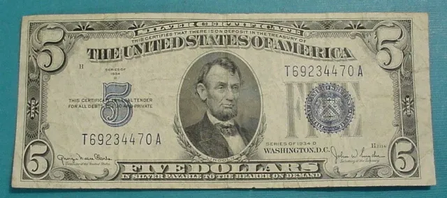 1934 D Series $5 Silver Certificate VG Blue Seal No Pin Holes