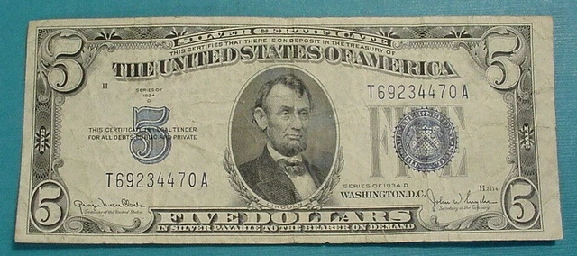 1934 D Series $5 Silver Certificate VG Blue Seal No Pin Holes