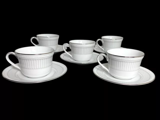 Noritake White Scapes Sheridan Platinum 4260 Bone China Tea Cup Saucer 5 Sets